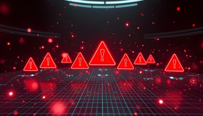 A futuristic, dark scene featuring multiple illuminated warning symbols floating in the air.