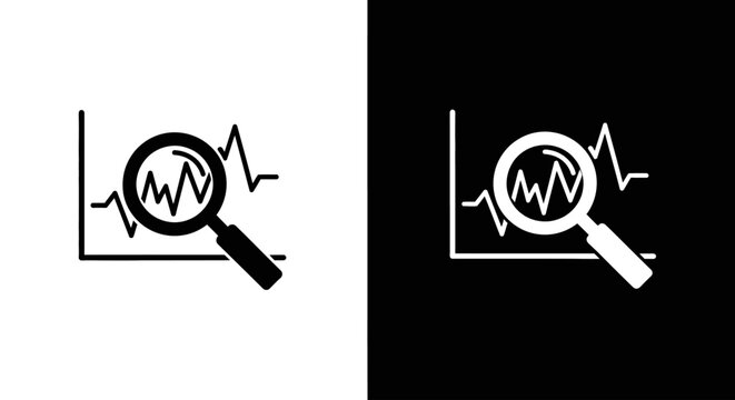 A magnifying glass over a volatile line graph, a black and white icon symbolizing stock market analysis and financial forecasting.