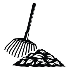 Graphic illustration of a rake gathering a pile of leaves in autumn