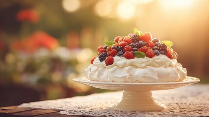Delicious Pavlova with Fresh Berries at Sunset