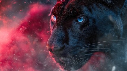 Close-up of a black panther's head, vibrant red/blue background