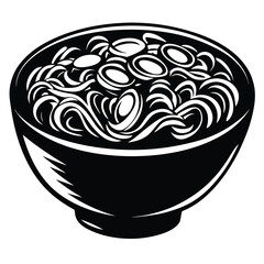 Monochrome illustration of a bowl of noodles with toppings artfully arranged