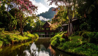 Obraz premium Lush tropical garden with a serene waterway and wooden bridge