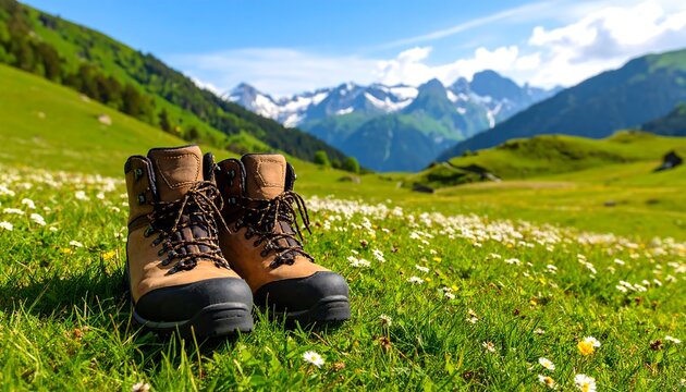 Hiking boots on a grassy meadow in the mountains