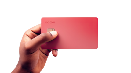 hand holds plastic credit card on white background