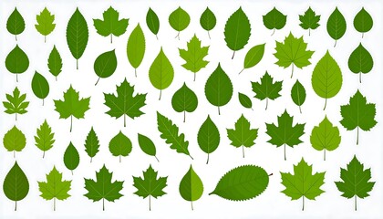 Collection of various green leaves against white background