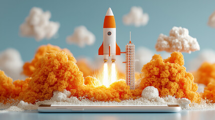 Rocket launching from phone screen, innovation and technology concept