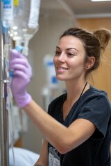 A nurse gently adjusting an IV drip beside a hospital bed The mood feels caring and attentive, Generative AI