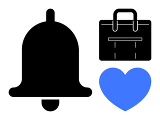Black notification bell, black shopping bag, and blue heart symbol. Ideal for alerts, e-commerce, shopping, favorites, love customer engagement and digital communication. Simple flat metaphor