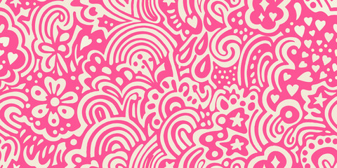 Whimsical pink and cream abstract doodle pattern with hearts and flowers