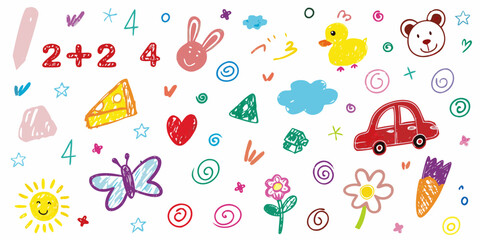 A vibrant collection of colorful hand drawn children s doodles including numbers animals and objects on a white background