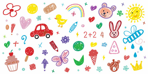 Whimsical hand drawn doodles featuring animals toys food and school supplies on white background
