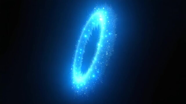 Digital cloud of tiny glowing blue particles forming a cosmic ring against a dark background