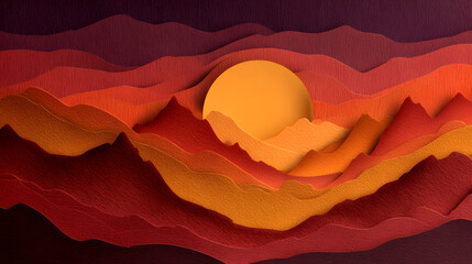 Layered paper cutout sunset mountain landscape in warm tones, dimensional craft art style background --ar 16:9