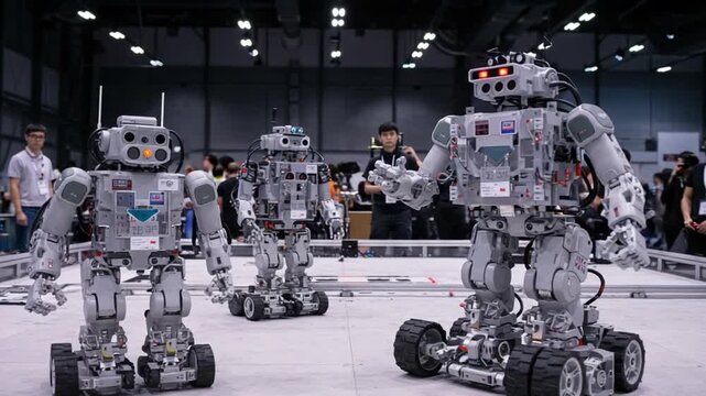 Robots Competing in a Tech Exhibition Arena