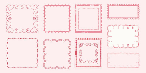 Collection of decorative pink hand drawn frames and borders with various playful and ornate designs