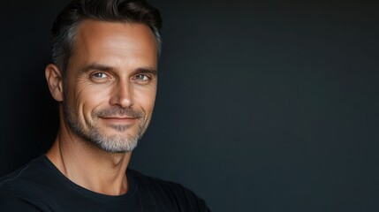 Portrait of a handsome mature man with a slight smile against a dark background in a studio setting looking forward