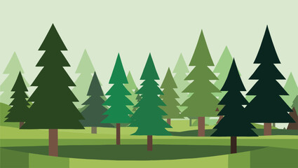 Fototapeta premium Flat design forest scene with diverse evergreen trees and grassy ground vector illustration