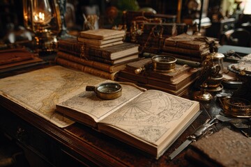 Vintage Exploration Tools and Antique Books Arrangement