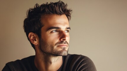 Handsome man with thoughtful expression looks off into the distance with a neutral background in soft natural light
