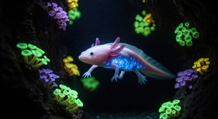 Axolotl in a Bioluminescent Underwater Cave