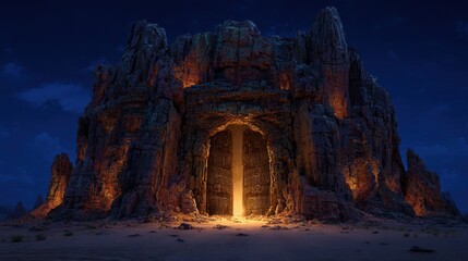 Mysterious Rock Formation with Glowing Entrance