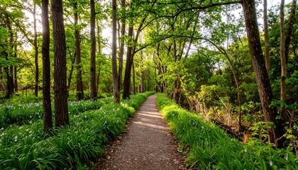Sunlight-drenched path through a verdant forest