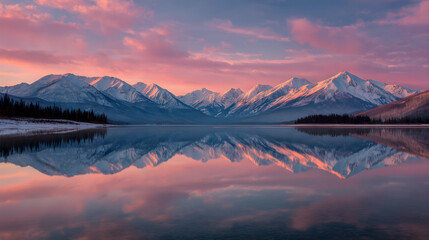 Majestic snowcapped mountains in pink and blue hues reflected in still water, dreamy sunrise sky, peaceful landscape with crisp clarity --ar 16:9