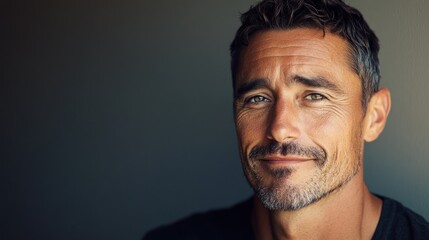 Close up portrait of a handsome mature man with a slight smile against a dark gray background in a studio setting