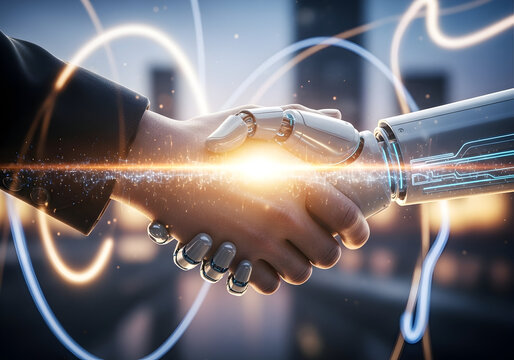 Close-up of a human hand shaking a robotic hand with glowing light and abstract energy trails handshake