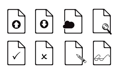 set of files icons of download upload, tick mark and cross mark for graphics