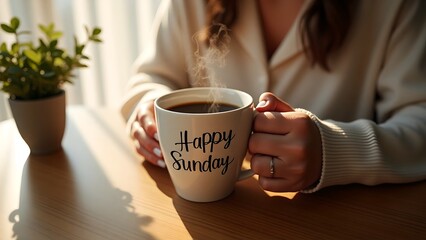 Woman holding a mug with happy sunday written on it in warm morning light