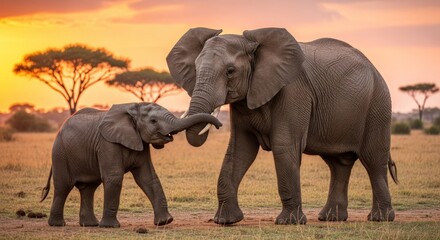 Fototapeta premium African Elephant Mother and Baby at Sunset in Serengeti National Park