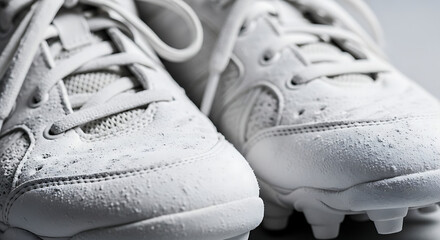 Close-up shot of pristine white soccer cleats with laces tied ready for action on a neutral background