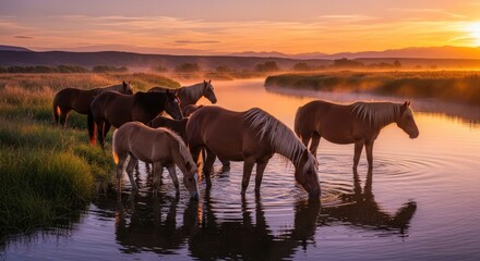 Fototapeta premium Horses Drinking from River at Golden Sunrise, Rural Landscape
