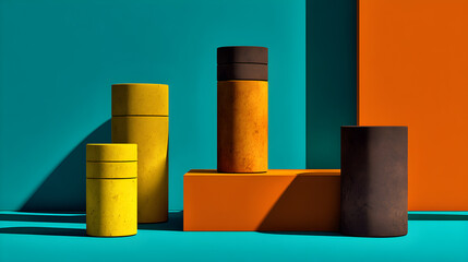 Fototapeta premium Minimal product display with yellow and brown cylindrical containers on turquoise background, geometric color block composition --ar 16:9