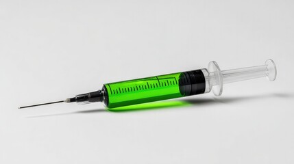 Fototapeta premium A transparent syringe filled with green liquid with a black needle pointing upwards on a white background