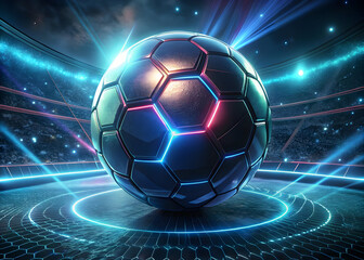 Dark soccer ball with glowing neon blue and pink lines on a futuristic stadium stage football sport