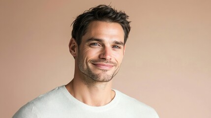 Handsome man with a warm smile posing confidently against a neutral backdrop in a studio setting