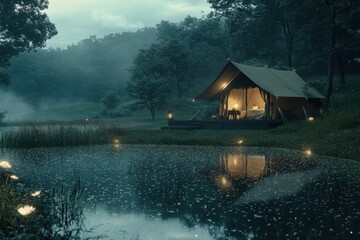 Fototapeta premium Serene lakeside camping scene at dawn with a tent, reflecting nature's tranquility and beauty