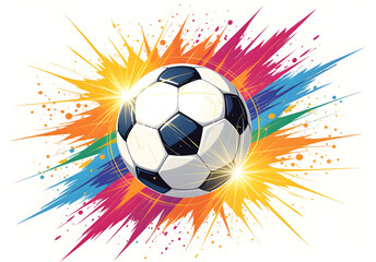 Dynamic soccer ball with vibrant colorful explosion and bright light bursts on white background football
