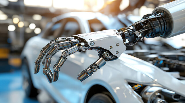 A robot arm is reaching out towards a white car in a factory setting.