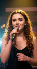 young beautiful woman singing in the night club.