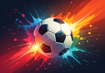 Naklejka premium Energetic soccer ball with colorful paint splash explosion and dramatic lighting on dark background football