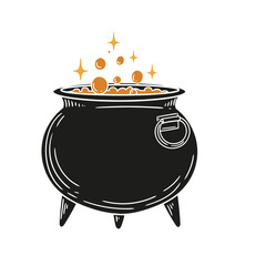 Original hand-drawn illustration of a Halloween witch's cauldron in a minimalist color style. Illustrations for posters, cards, and graphic design.