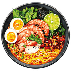 Watercolor Illustration of Mi Quang Vietnamese Noodle Dish with Fresh Herbs and Vibrant Colors