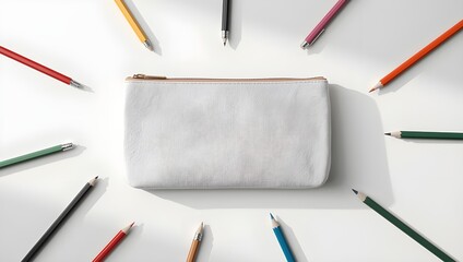 Blank white canvas pencil case mockup surrounded by a vibrant circle of colored pencils on a clean background