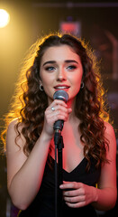 young beautiful woman singing in the night club.