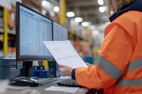 Worker in safety gear reviewing documents at a warehouse with organized shelves in background