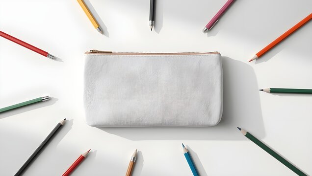 Blank white canvas pencil case mockup surrounded by a vibrant circle of colored pencils on a clean background